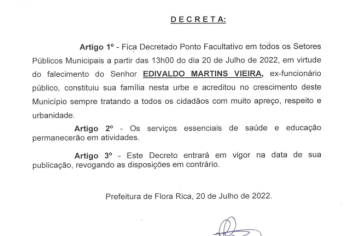 Prefeitura decreta ponto facultativo em virtude do falecimento do senhor Edivaldo Martins Vieira, ex-funcionário público