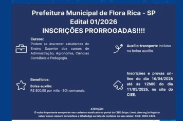 Inscrições para estágio da Prefeitura de Flora Rica são prorrogadas