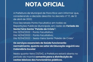 Prefeitura Municipal anuncia Nota Oficial considerando decisão descrita no decreto n 17° de 12 de abril de 2022