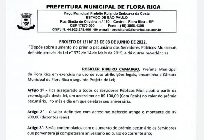 Prefeita Rosicler Camargo anuncia novo projeto de lei municipal que dispõe sobre o aumento no premio pecuniário dos Servidores Públicos Municipais!