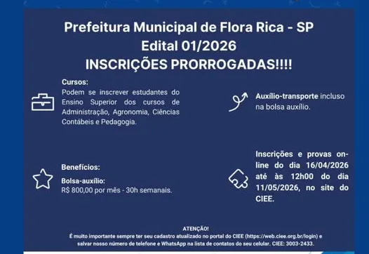 Inscrições para estágio da Prefeitura de Flora Rica são prorrogadas